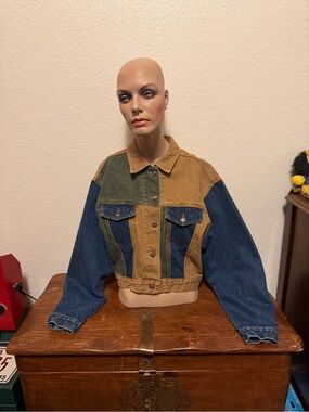 Vintage 1980’s Golden Star Colorblock Cropped Jean Jacket Brown, Olive & Indigo